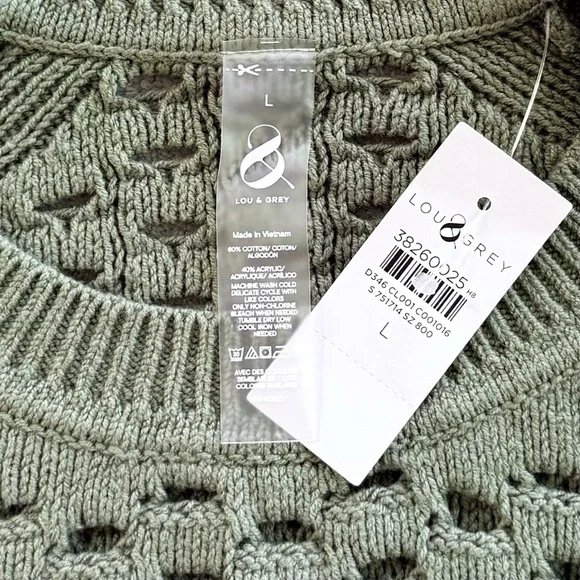 LOU & GREY NWT L Mesh Sweater • Open Knit Casual Crew Neck Pullover in Green - Picture 6 of 11